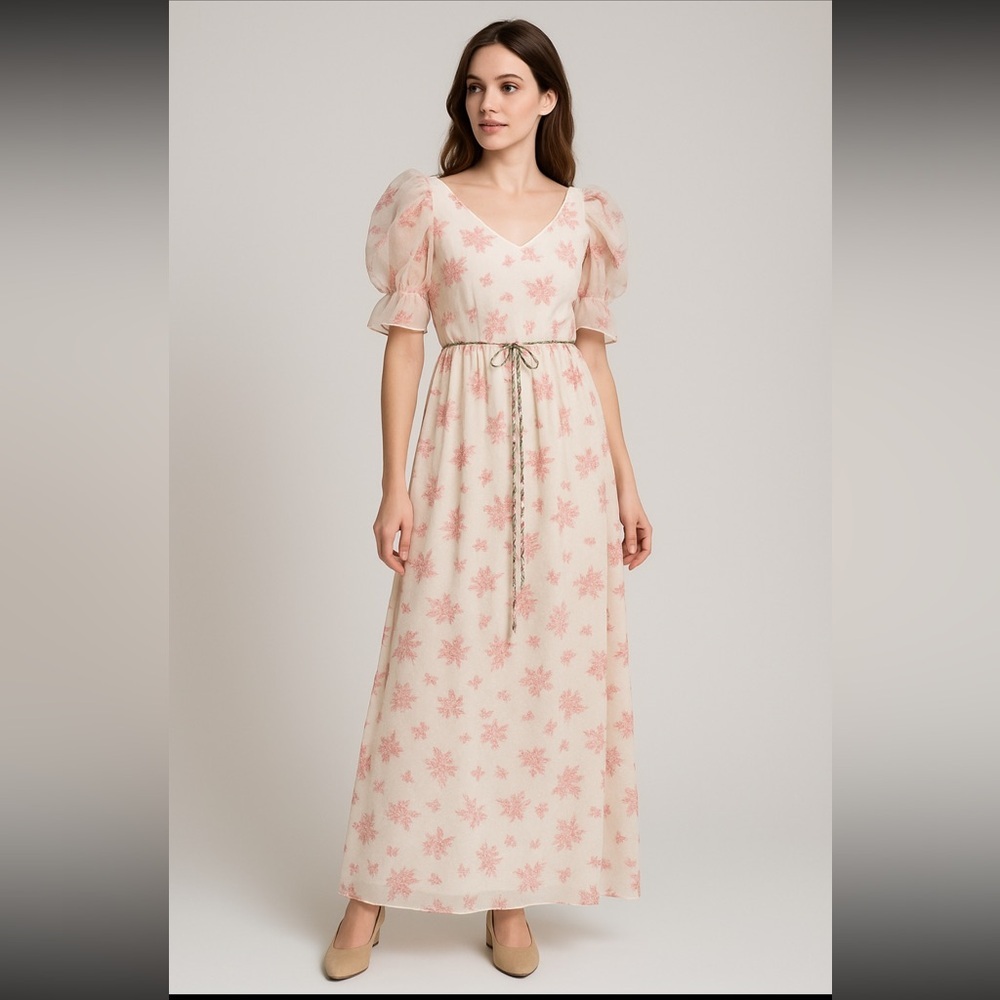 Vintage Cottagecore Prairie Floral Maxi Dress Puff Sleeve Romantic Tea Dress S